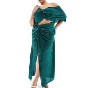 ASOS Design Curve Dress Plus 24 Green Fallen Shoulder Pleated Drape Maxi